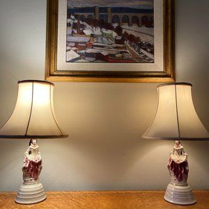 Vintage figural porcelain continental boudoir lamps with gilt accents